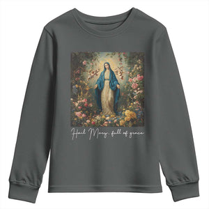 Marian Catholic Youth Sweatshirt Hail Mary Full Of Grace Blessed Virgin Mary Floral TS10 Dark Heather Print Your Wear