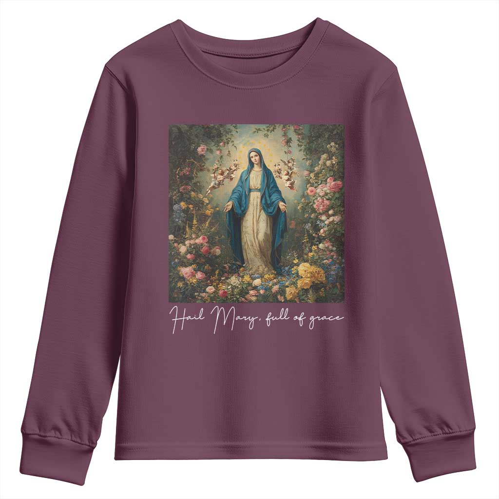 Marian Catholic Youth Sweatshirt Hail Mary Full Of Grace Blessed Virgin Mary Floral TS10 Maroon Print Your Wear