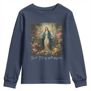 Marian Catholic Youth Sweatshirt Hail Mary Full Of Grace Blessed Virgin Mary Floral TS10 Navy Print Your Wear