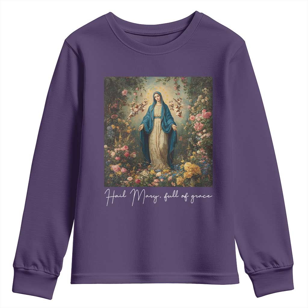 Marian Catholic Youth Sweatshirt Hail Mary Full Of Grace Blessed Virgin Mary Floral TS10 Purple Print Your Wear