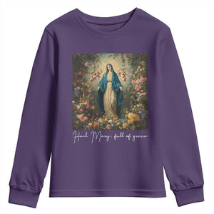 Marian Catholic Youth Sweatshirt Hail Mary Full Of Grace Blessed Virgin Mary Floral TS10 Purple Print Your Wear