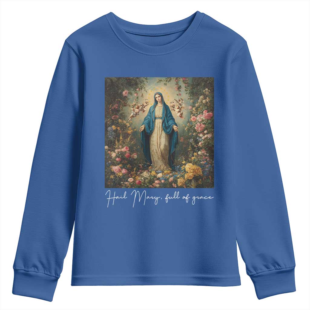 Marian Catholic Youth Sweatshirt Hail Mary Full Of Grace Blessed Virgin Mary Floral TS10 Royal Blue Print Your Wear