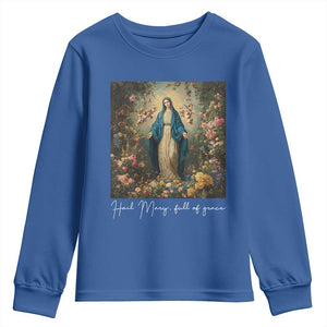 Marian Catholic Youth Sweatshirt Hail Mary Full Of Grace Blessed Virgin Mary Floral TS10 Royal Blue Print Your Wear