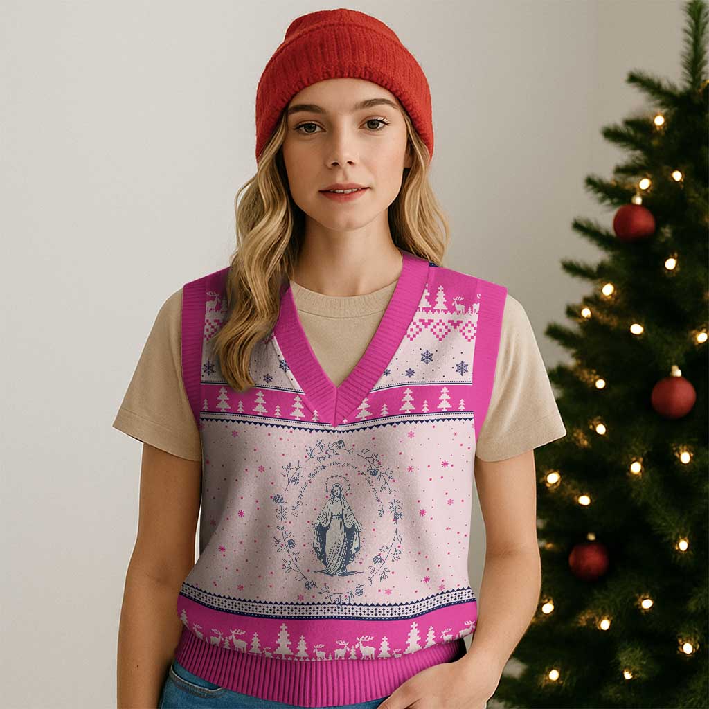 Marian Catholic V-Neck Knit Sweater Vest Virgin Mary Catholic Floral Women Religious TS10 Hot Pink Print Your Wear