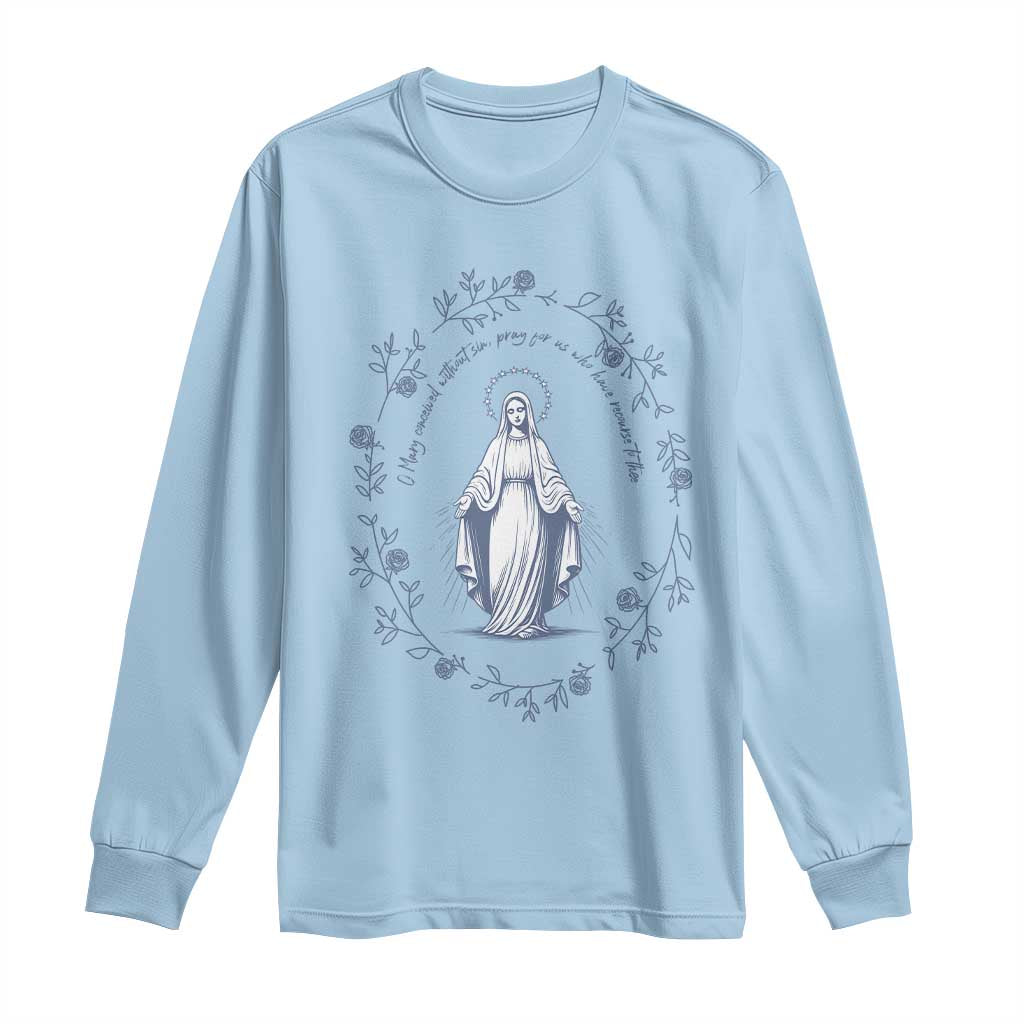 Marian Catholic Long Sleeve Shirt Virgin Mary Catholic Floral Women Religious TS10 Light Blue Print Your Wear