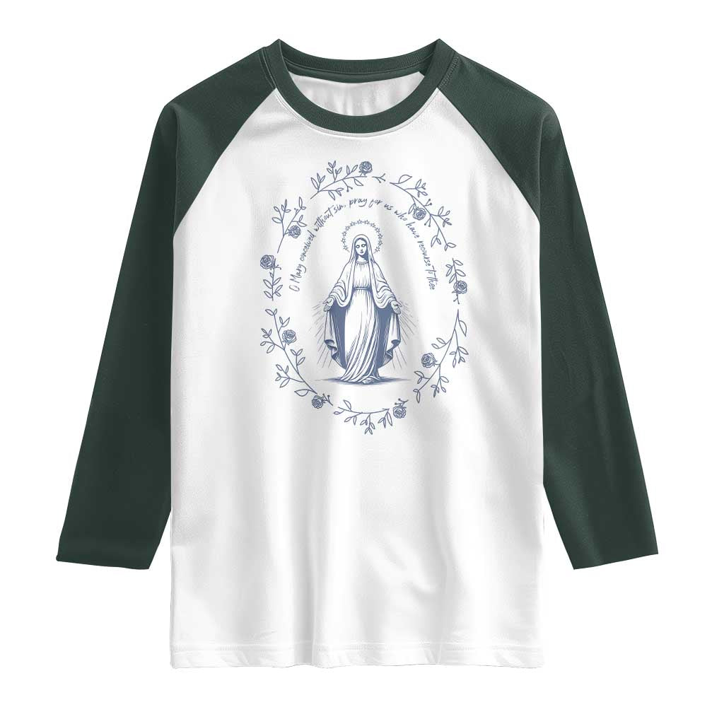 Marian Catholic Raglan Shirt Virgin Mary Catholic Floral Women Religious TS10 White Dark Forest Green Print Your Wear