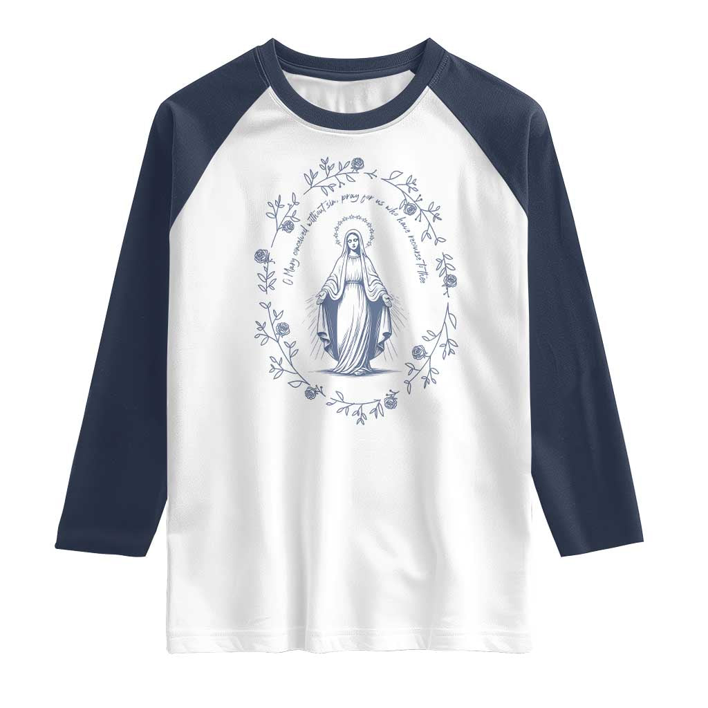 Marian Catholic Raglan Shirt Virgin Mary Catholic Floral Women Religious TS10 White Navy Print Your Wear