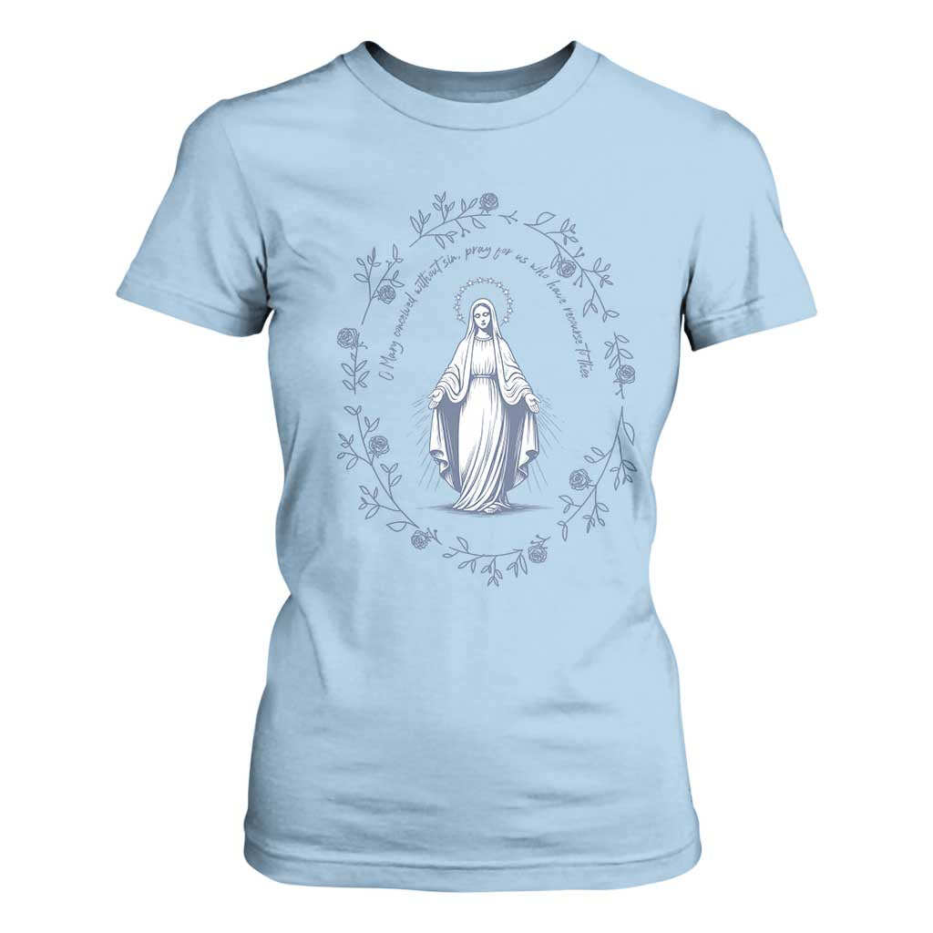 Marian Catholic T Shirt For Women Virgin Mary Catholic Floral Women Religious TS10 Light Blue Print Your Wear