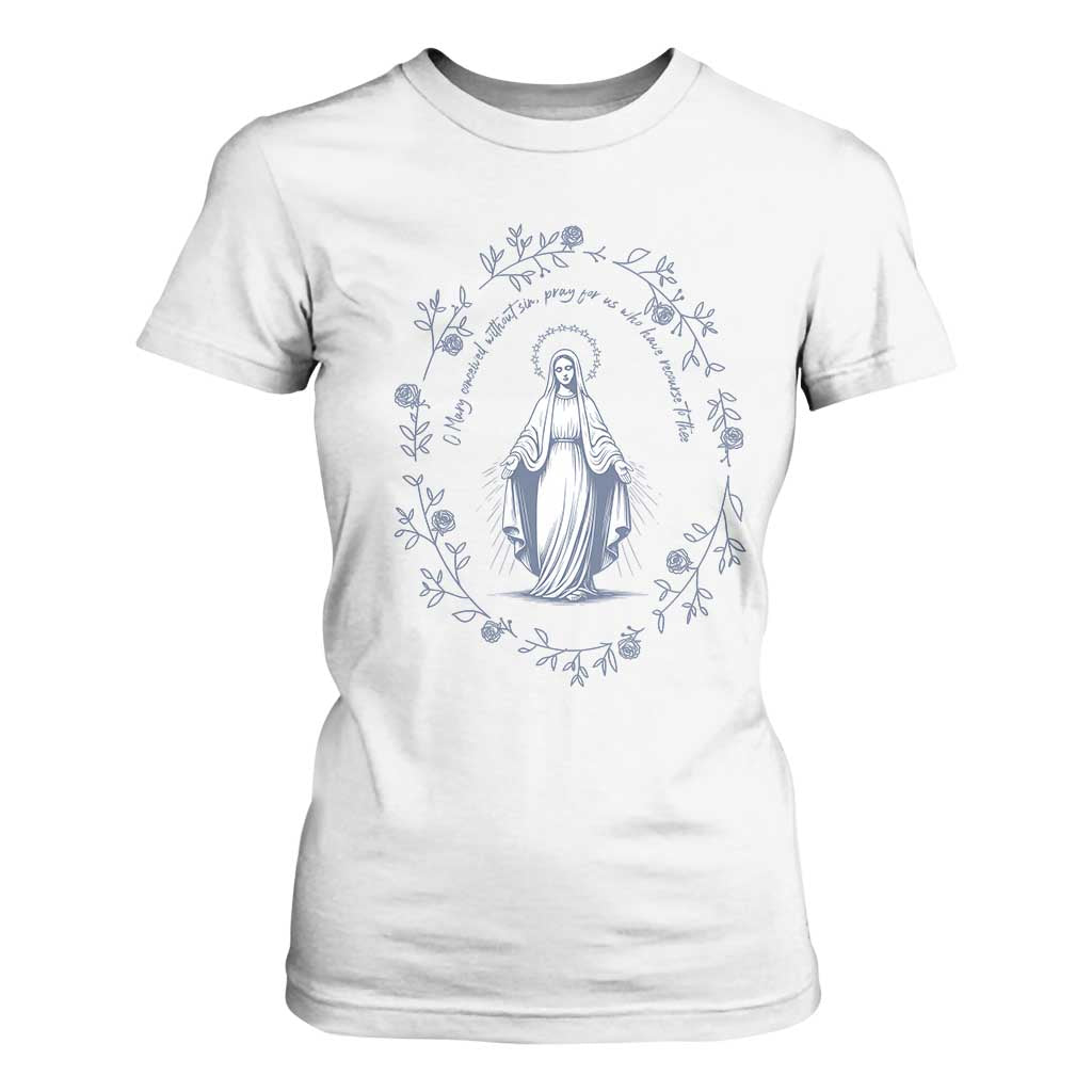 Marian Catholic T Shirt For Women Virgin Mary Catholic Floral Women Religious TS10 White Print Your Wear