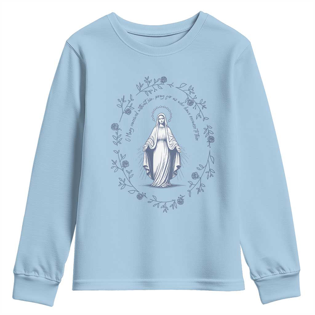 Marian Catholic Youth Sweatshirt Virgin Mary Catholic Floral Women Religious TS10 Light Blue Print Your Wear