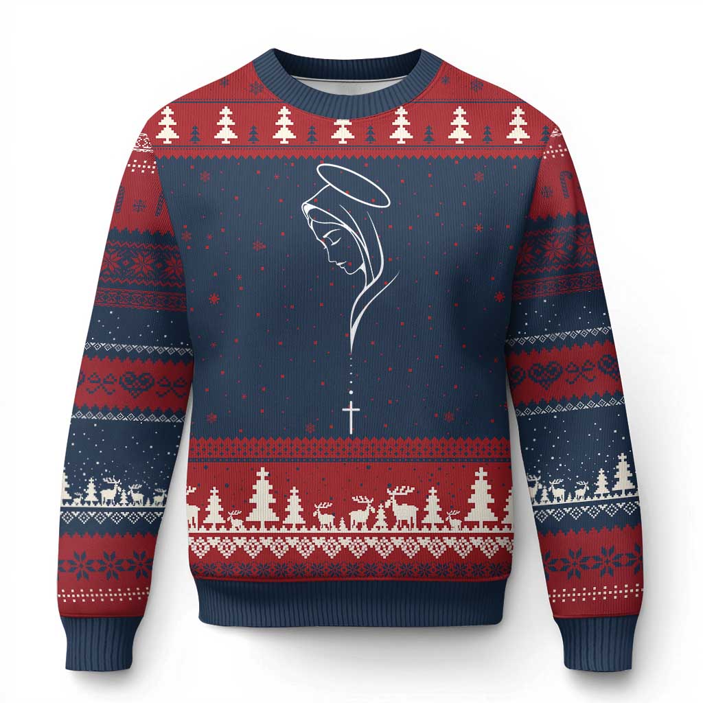 Virgin Mary Ugly Christmas Sweater Minimalist Marian Catholic Holy Mother Cross TS10 Navy Red Print Your Wear