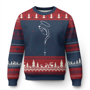 Virgin Mary Ugly Christmas Sweater Minimalist Marian Catholic Holy Mother Cross TS10 Navy Red Print Your Wear