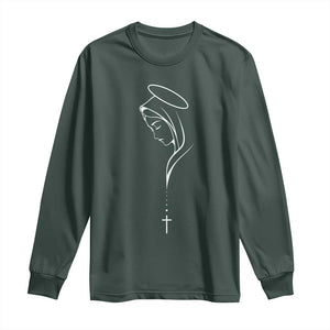 Virgin Mary Long Sleeve Shirt Minimalist Marian Catholic Holy Mother Cross TS10 Dark Forest Green Print Your Wear