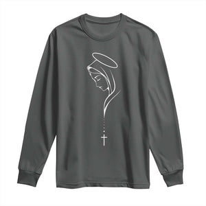 Virgin Mary Long Sleeve Shirt Minimalist Marian Catholic Holy Mother Cross TS10 Dark Heather Print Your Wear