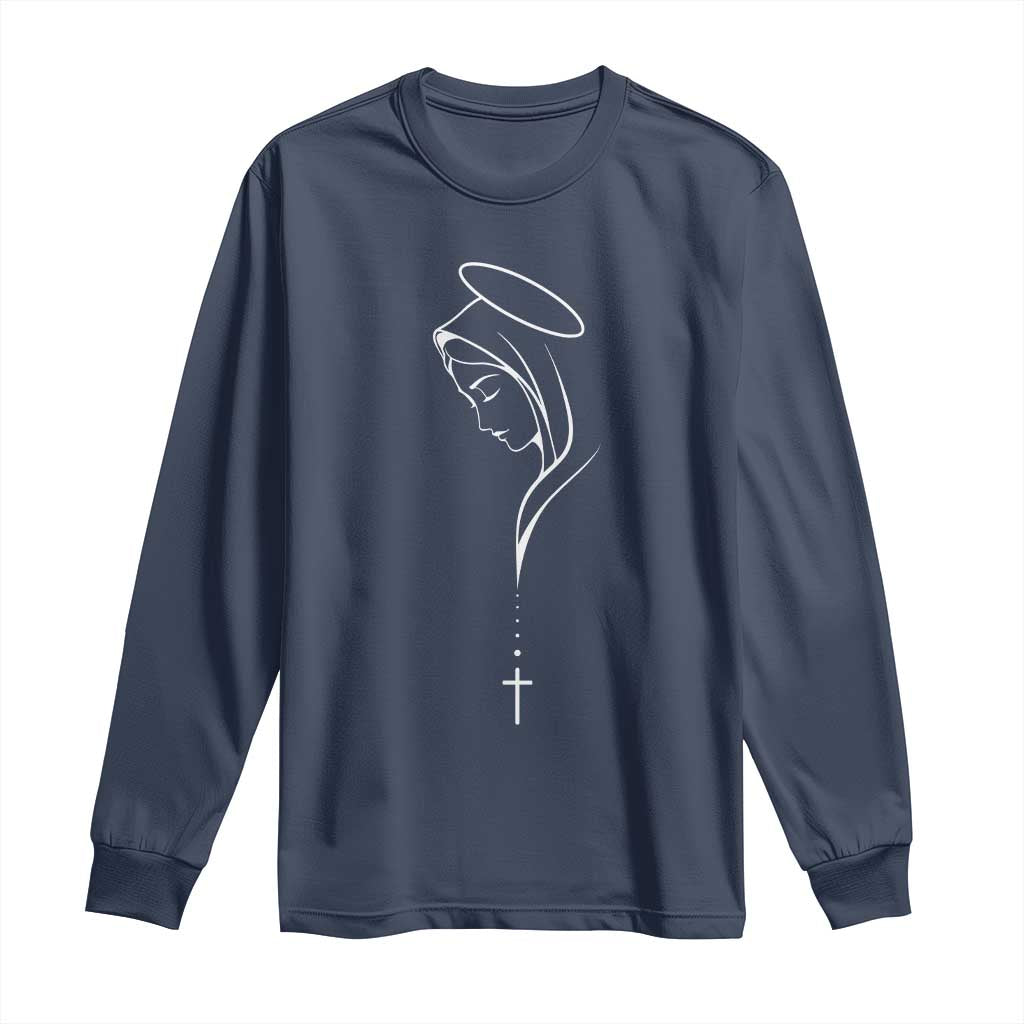 Virgin Mary Long Sleeve Shirt Minimalist Marian Catholic Holy Mother Cross TS10 Navy Print Your Wear