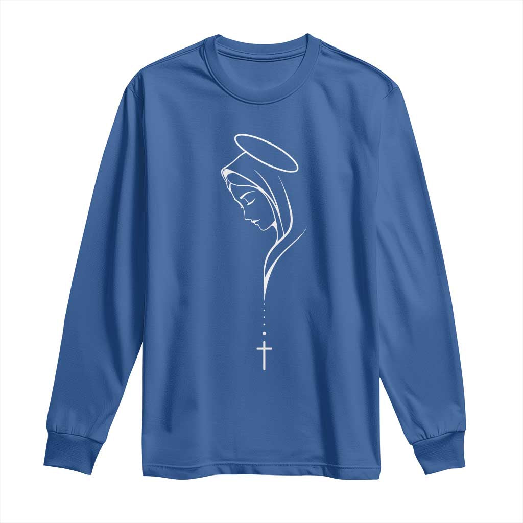 Virgin Mary Long Sleeve Shirt Minimalist Marian Catholic Holy Mother Cross TS10 Royal Blue Print Your Wear