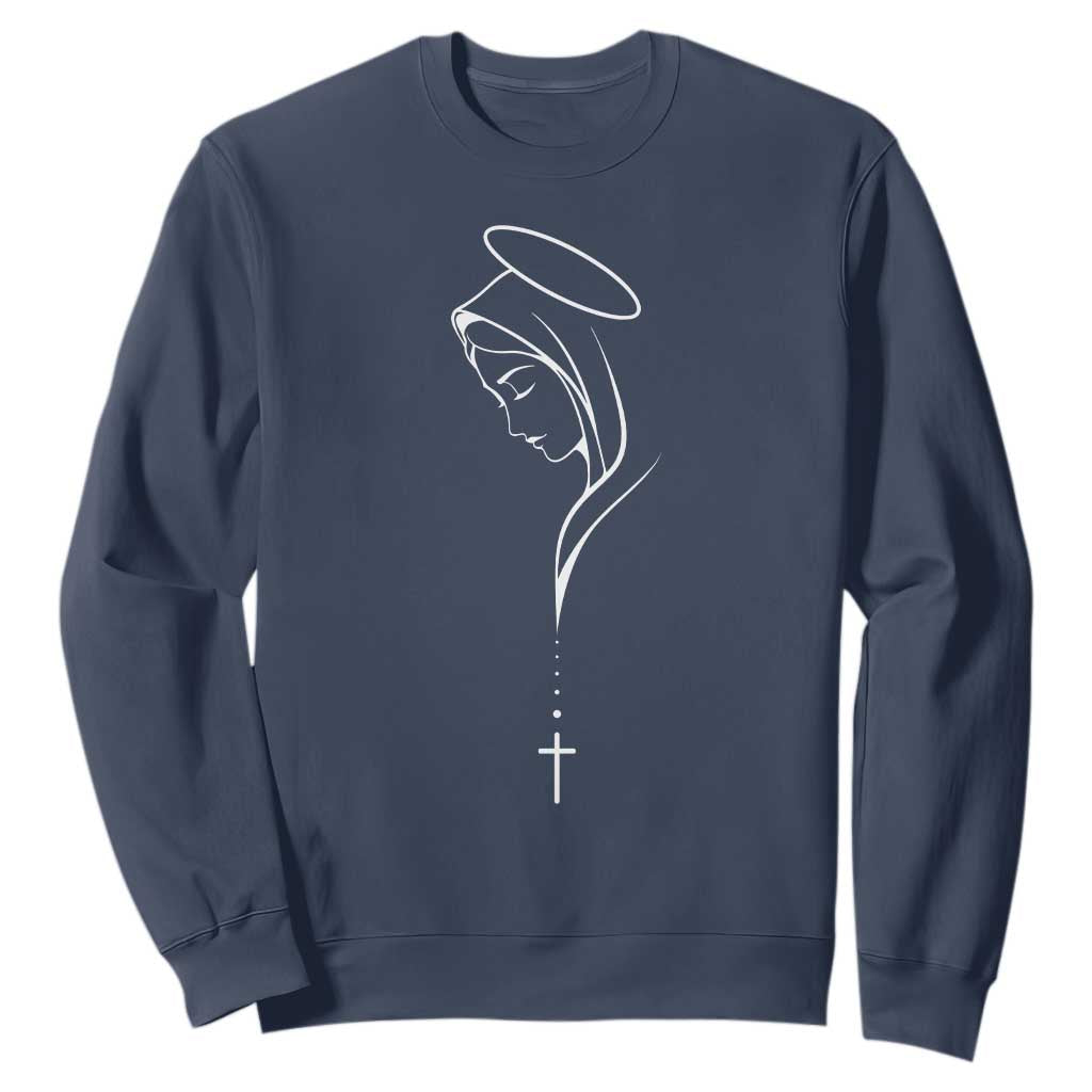 Virgin Mary Sweatshirt Minimalist Marian Catholic Holy Mother Cross TS10 Navy Print Your Wear