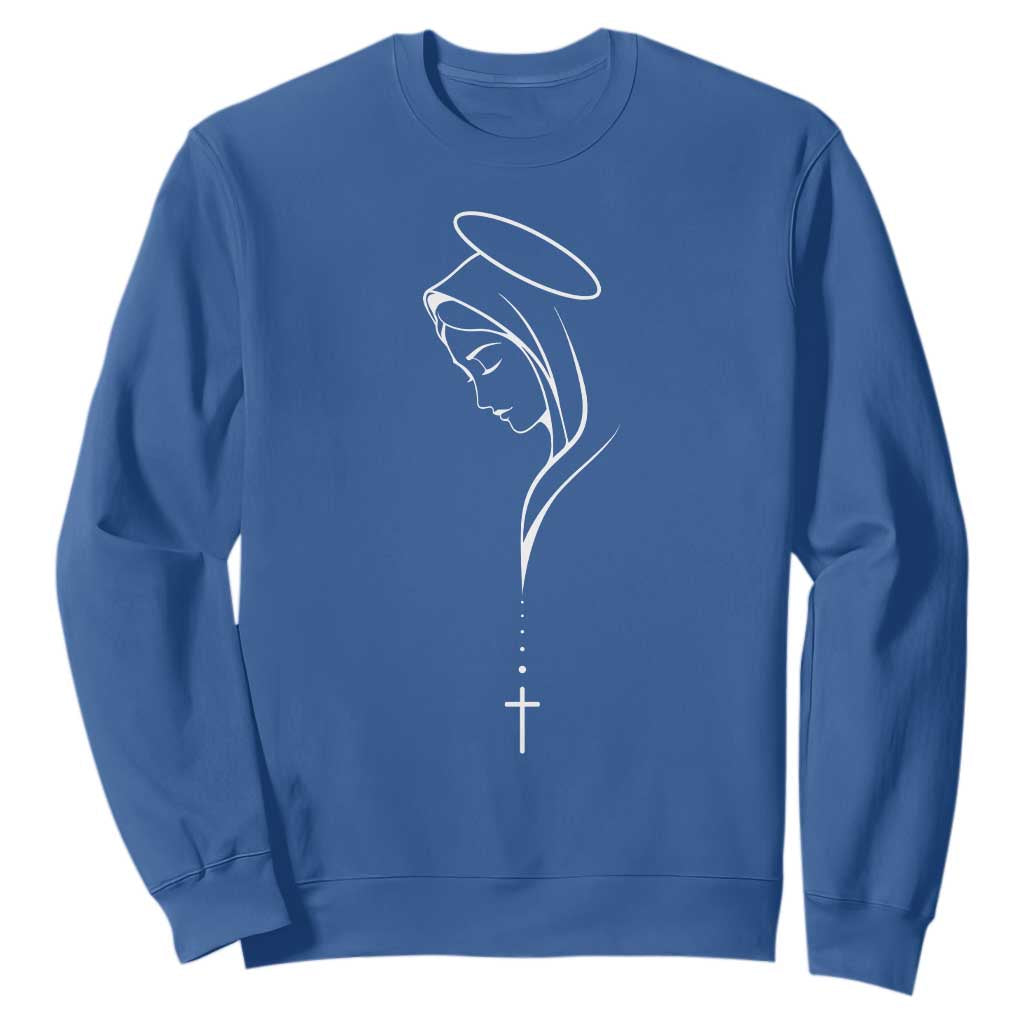 Virgin Mary Sweatshirt Minimalist Marian Catholic Holy Mother Cross TS10 Royal Blue Print Your Wear