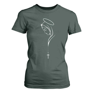 Virgin Mary T Shirt For Women Minimalist Marian Catholic Holy Mother Cross TS10 Dark Forest Green Print Your Wear