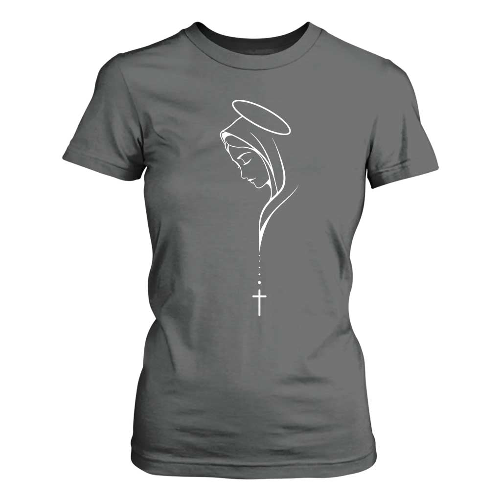 Virgin Mary T Shirt For Women Minimalist Marian Catholic Holy Mother Cross TS10 Dark Heather Print Your Wear