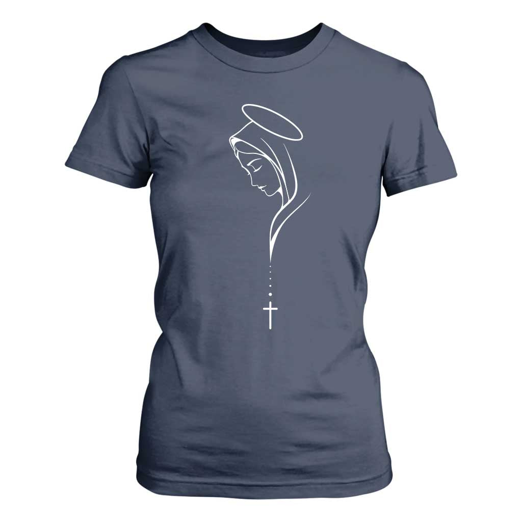 Virgin Mary T Shirt For Women Minimalist Marian Catholic Holy Mother Cross TS10 Navy Print Your Wear