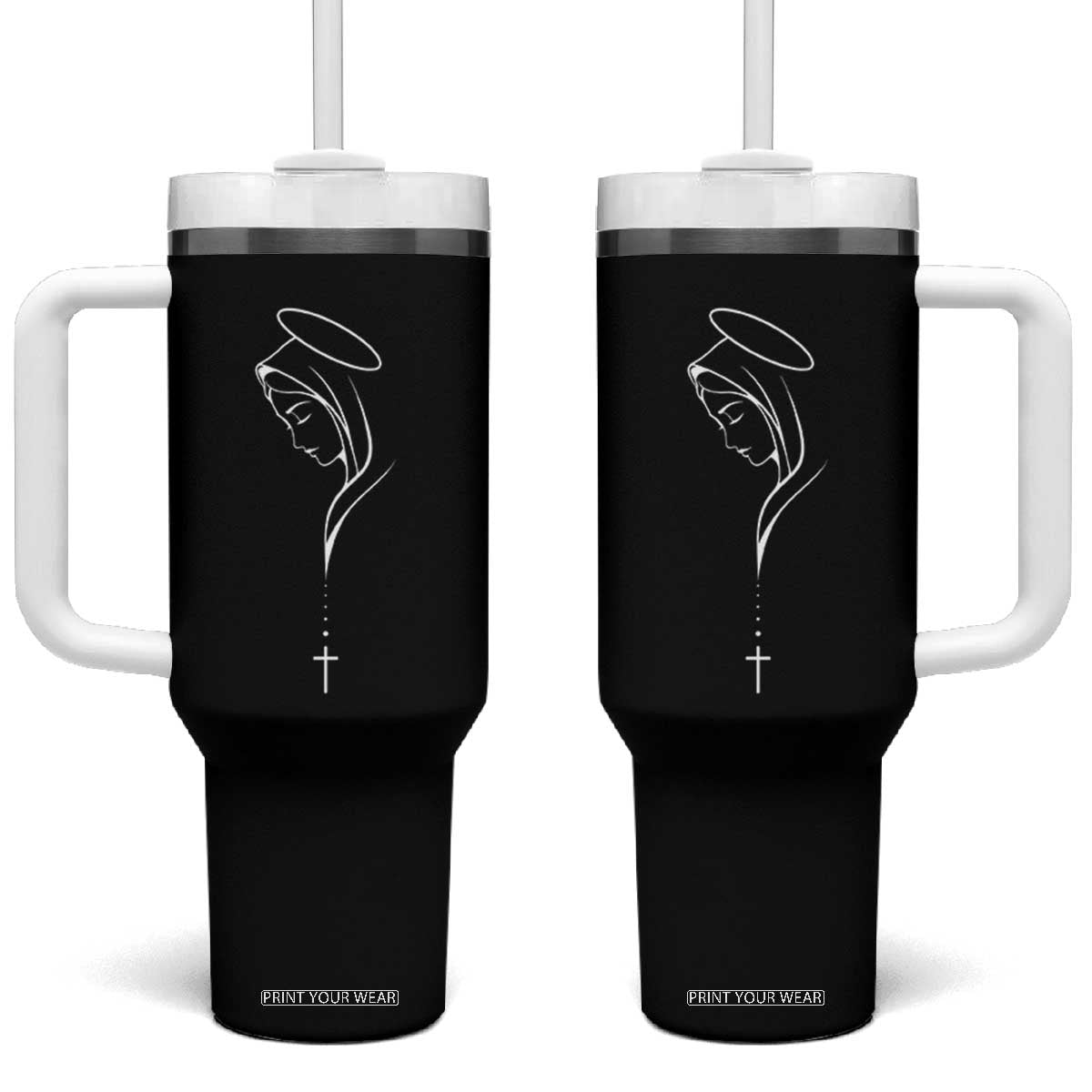 Virgin Mary Tumbler With Handle Minimalist Marian Catholic Holy Mother Cross TS10 One Size: 40 oz Black Print Your Wear