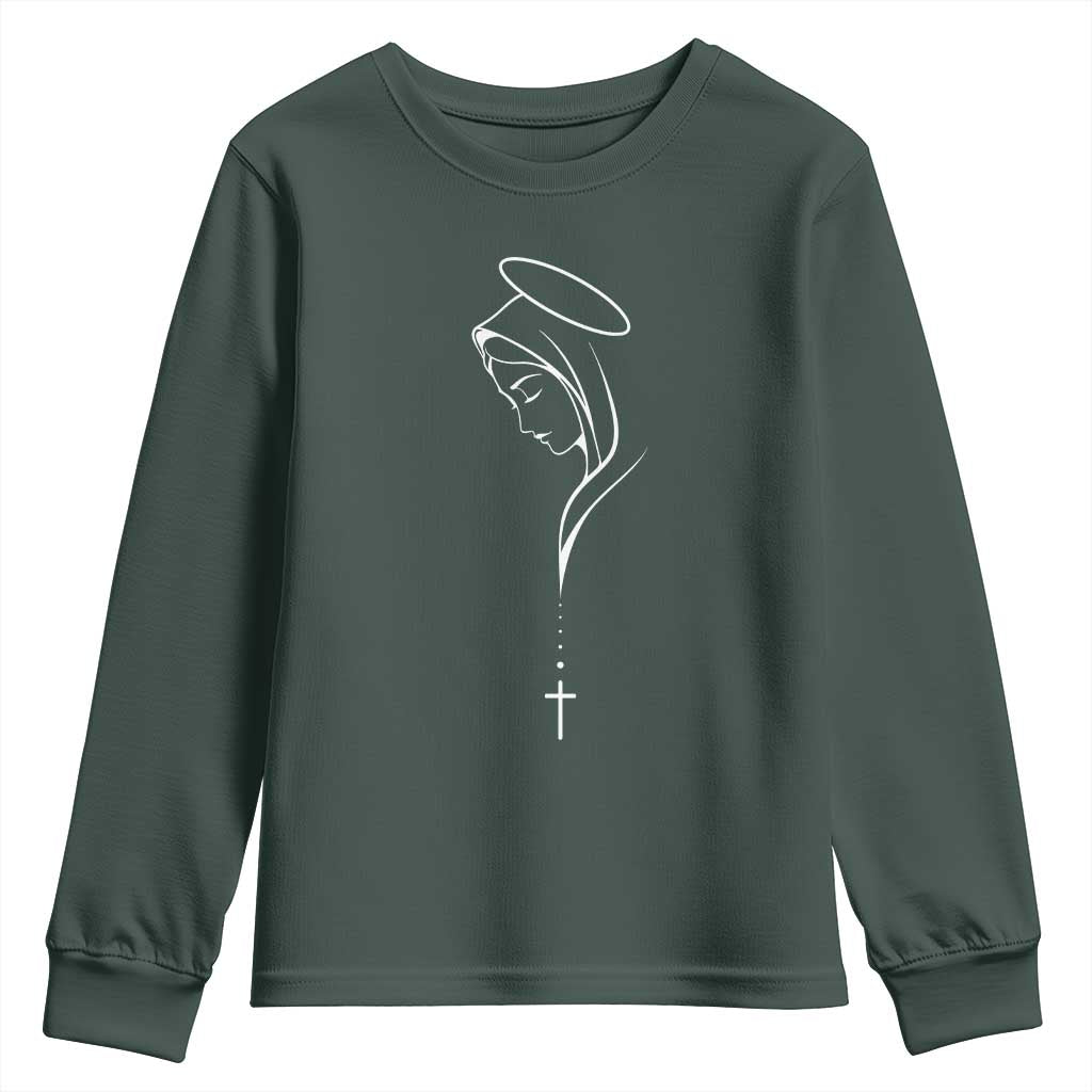 Virgin Mary Youth Sweatshirt Minimalist Marian Catholic Holy Mother Cross TS10 Dark Forest Green Print Your Wear