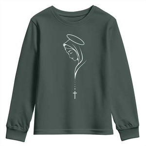 Virgin Mary Youth Sweatshirt Minimalist Marian Catholic Holy Mother Cross TS10 Dark Forest Green Print Your Wear