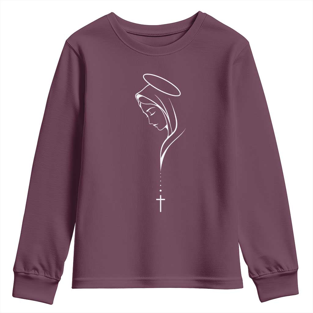 Virgin Mary Youth Sweatshirt Minimalist Marian Catholic Holy Mother Cross TS10 Maroon Print Your Wear