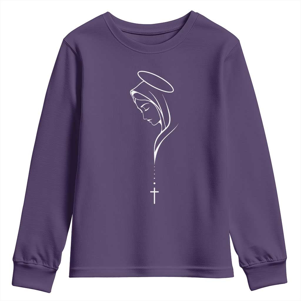 Virgin Mary Youth Sweatshirt Minimalist Marian Catholic Holy Mother Cross TS10 Purple Print Your Wear