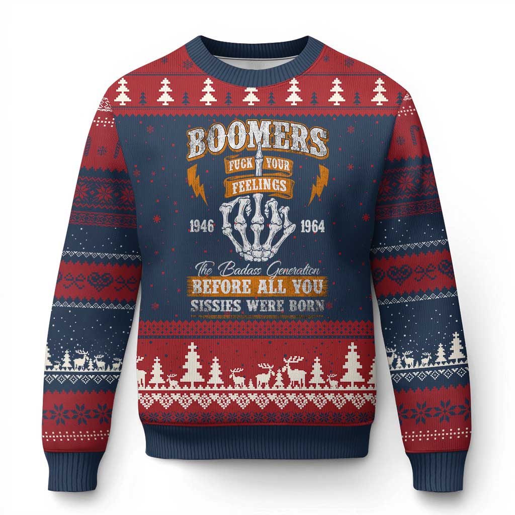 Vintage Boomers Generation Ugly Christmas Sweater Before All You Sissie Were Born Skeleton Hand TS10 Navy Red Print Your Wear