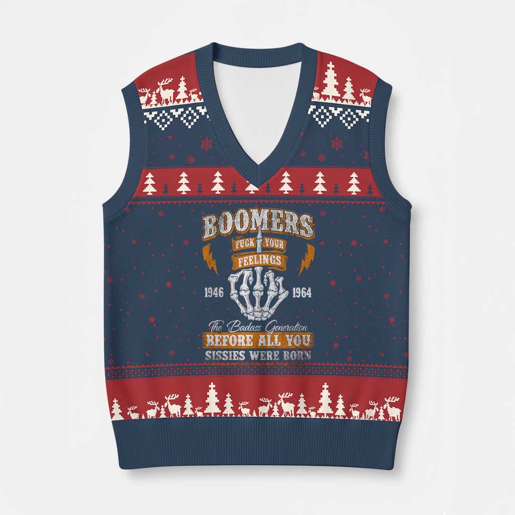 Vintage Boomers Generation V-Neck Knit Sweater Vest Before All You Sissie Were Born Skeleton Hand TS10 Navy Red Print Your Wear