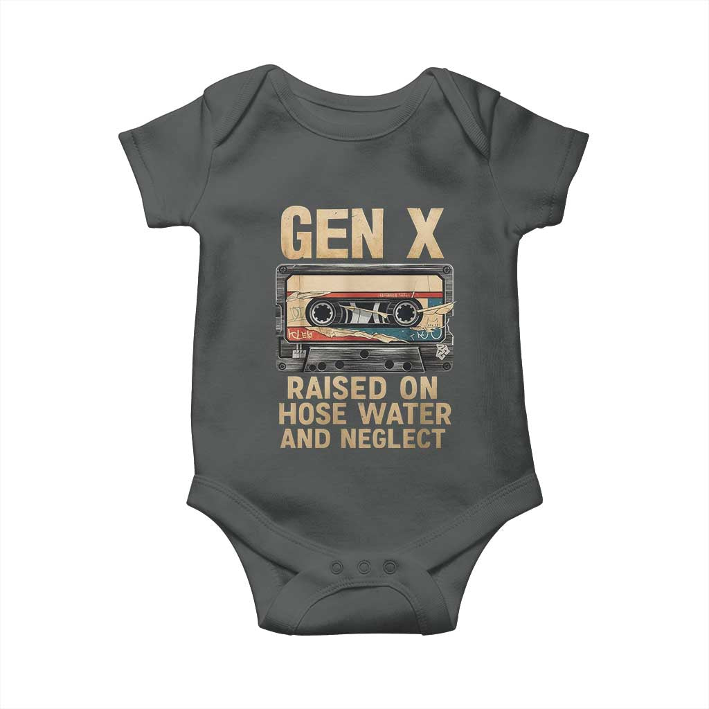Gen X Baby Onesie Vintage Cassette Tape Raised On Hose Water And Neglect Nostalgia TS10 Dark Heather Print Your Wear