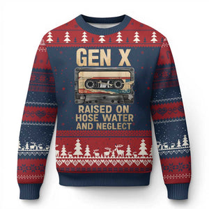 Gen X Ugly Christmas Sweater Vintage Cassette Tape Raised On Hose Water And Neglect Nostalgia TS10 Navy Red Print Your Wear