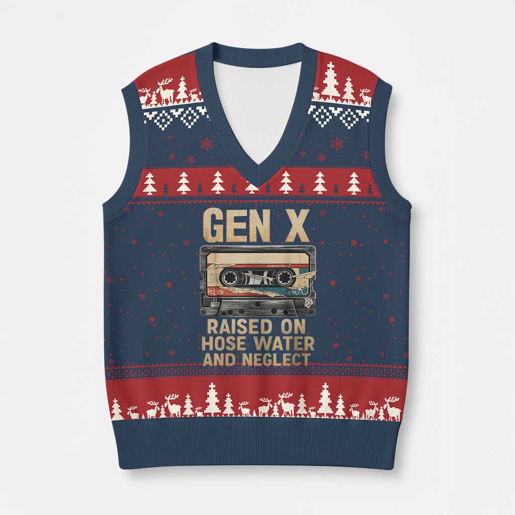 Gen X V-Neck Knit Sweater Vest Vintage Cassette Tape Raised On Hose Water And Neglect Nostalgia TS10 Navy Red Print Your Wear