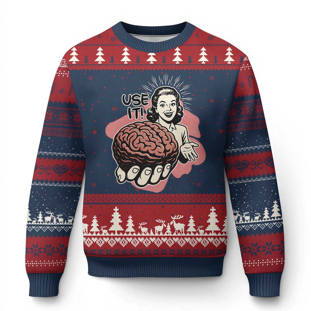 Sarcastic Vintage Ugly Christmas Sweater Funny Retro 50s Use Your Brain Aesthetic TS10 Navy Red Print Your Wear