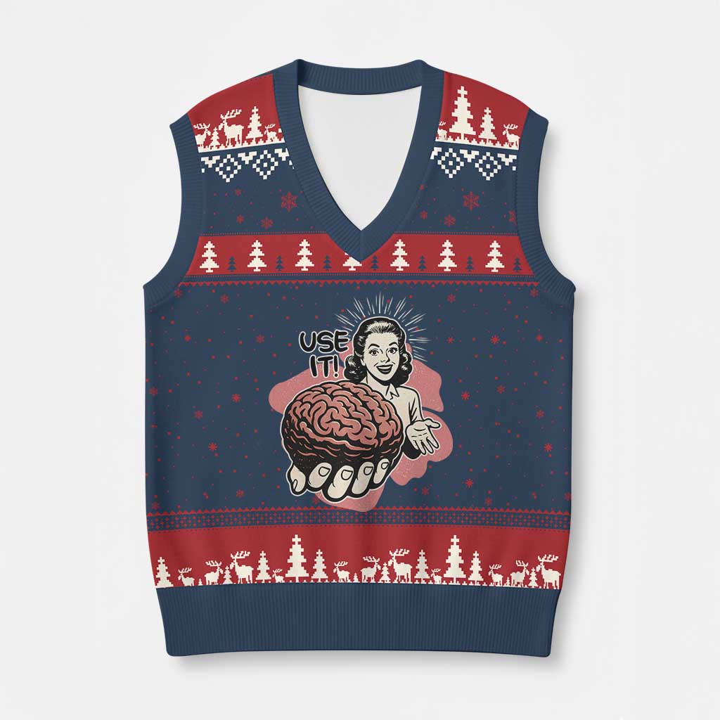 Sarcastic Vintage V-Neck Knit Sweater Vest Funny Retro 50s Use Your Brain Aesthetic TS10 Navy Red Print Your Wear