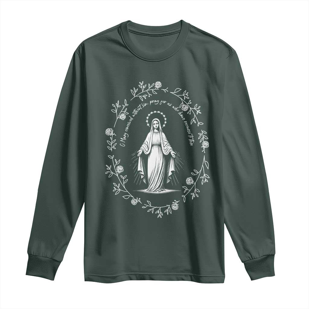 Marian Catholic Long Sleeve Shirt Virgin Mary Floral Women Religious Catholic Gift TS10 Dark Forest Green Print Your Wear