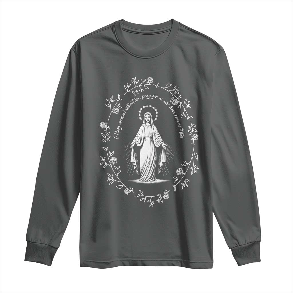 Marian Catholic Long Sleeve Shirt Virgin Mary Floral Women Religious Catholic Gift TS10 Dark Heather Print Your Wear