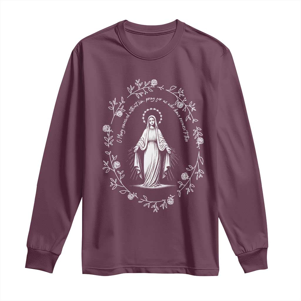 Marian Catholic Long Sleeve Shirt Virgin Mary Floral Women Religious Catholic Gift TS10 Maroon Print Your Wear