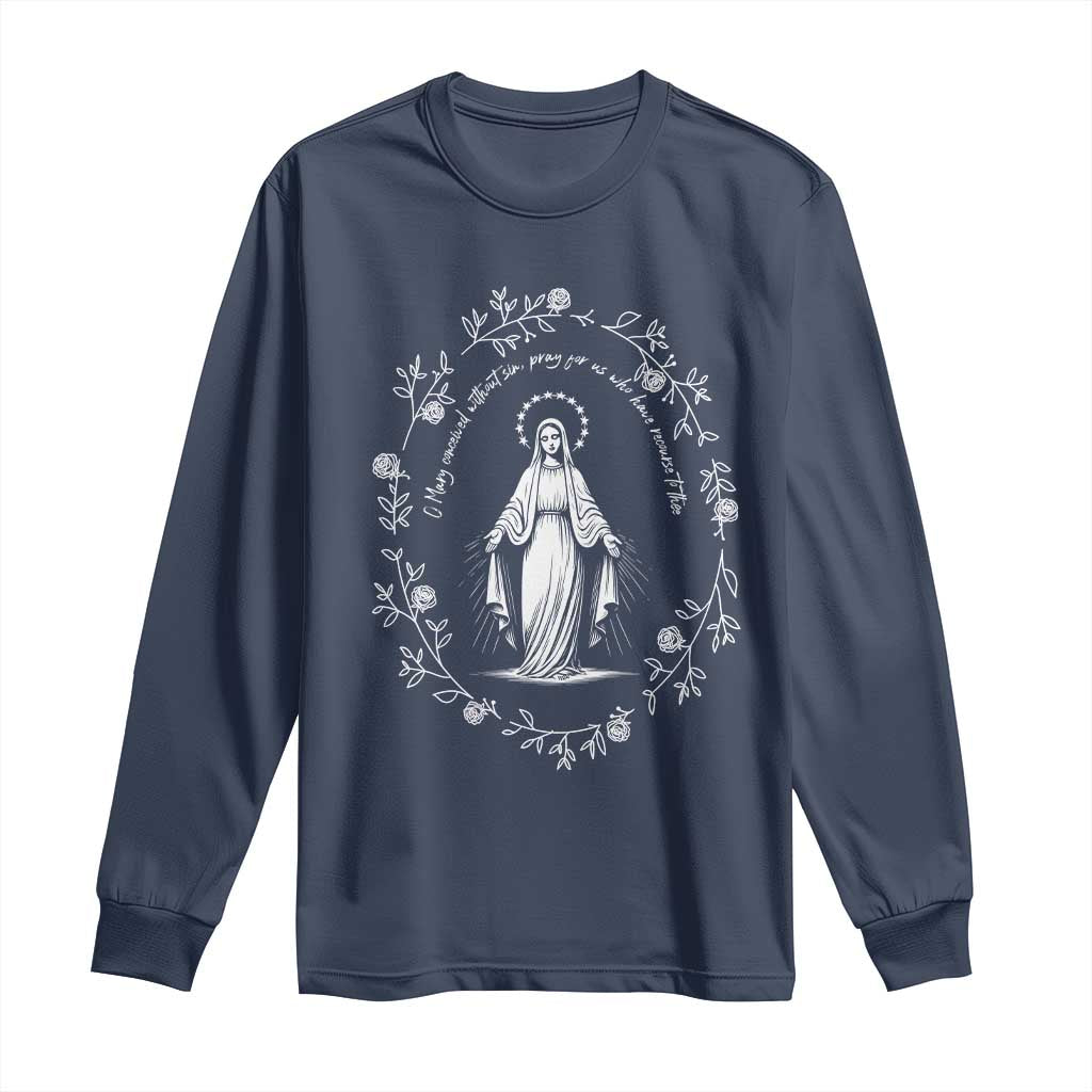 Marian Catholic Long Sleeve Shirt Virgin Mary Floral Women Religious Catholic Gift TS10 Navy Print Your Wear