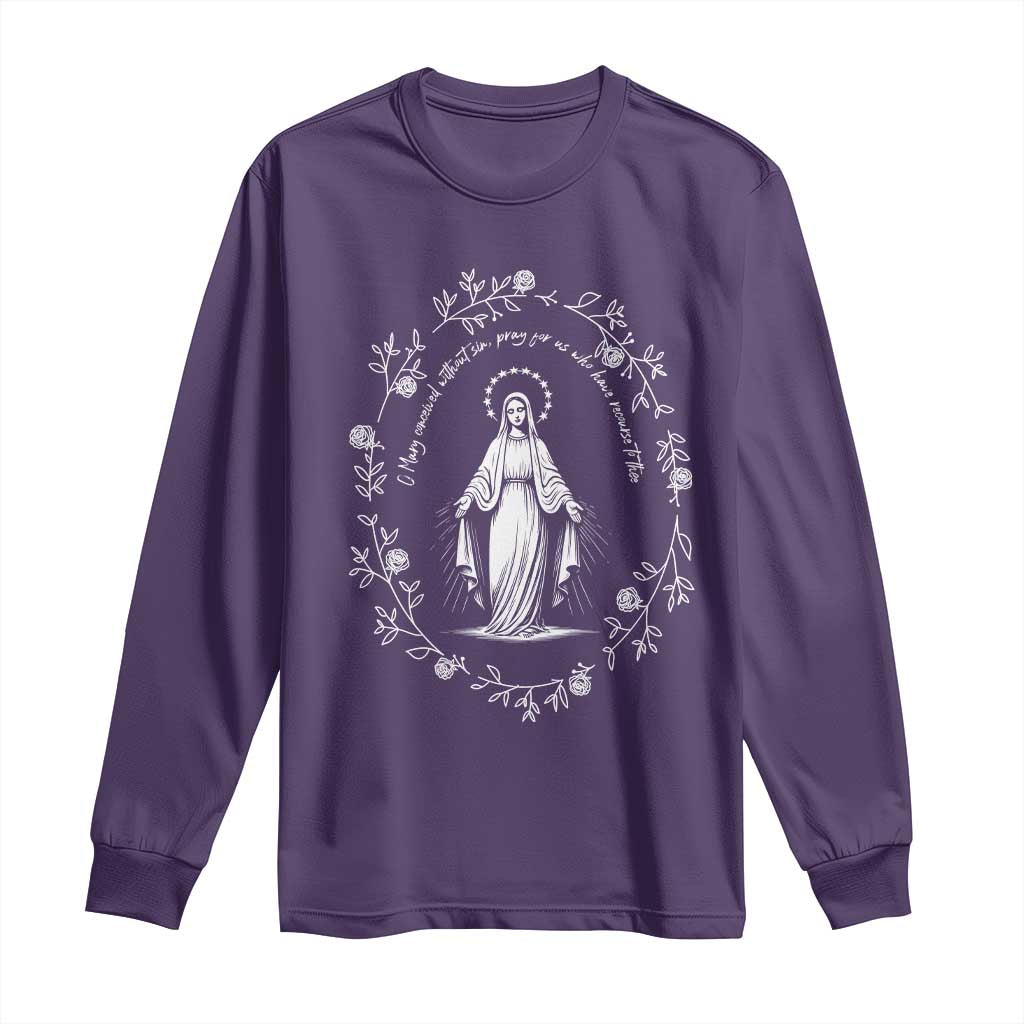 Marian Catholic Long Sleeve Shirt Virgin Mary Floral Women Religious Catholic Gift TS10 Purple Print Your Wear