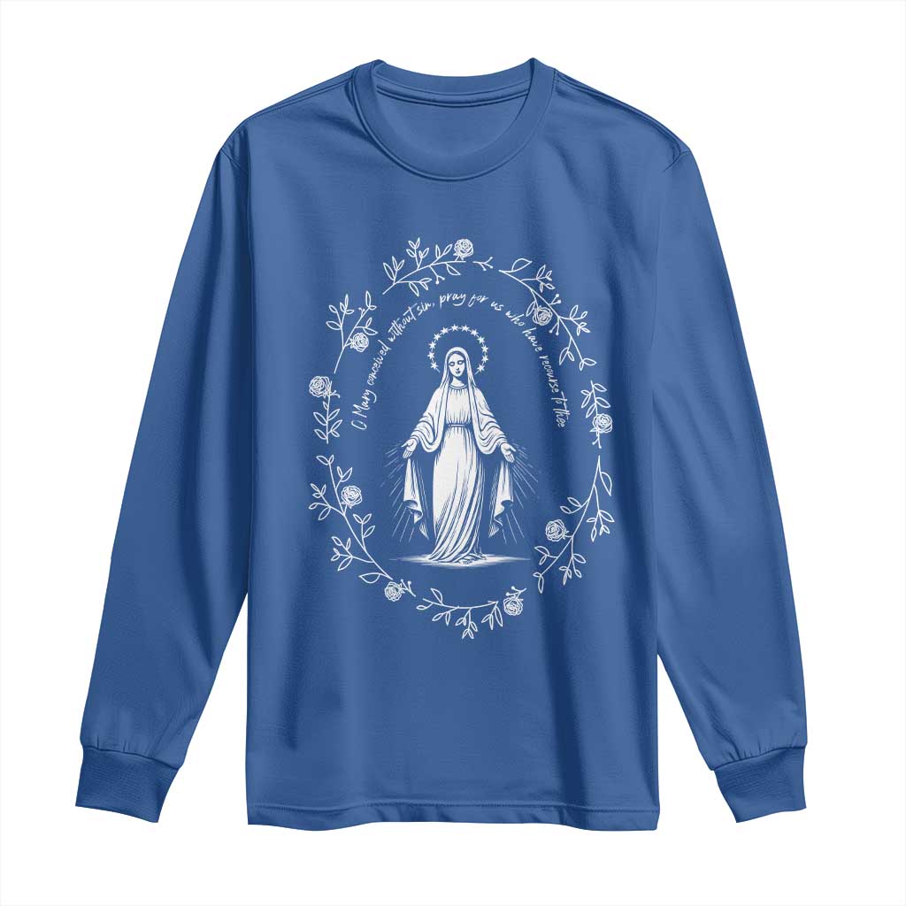 Marian Catholic Long Sleeve Shirt Virgin Mary Floral Women Religious Catholic Gift TS10 Royal Blue Print Your Wear