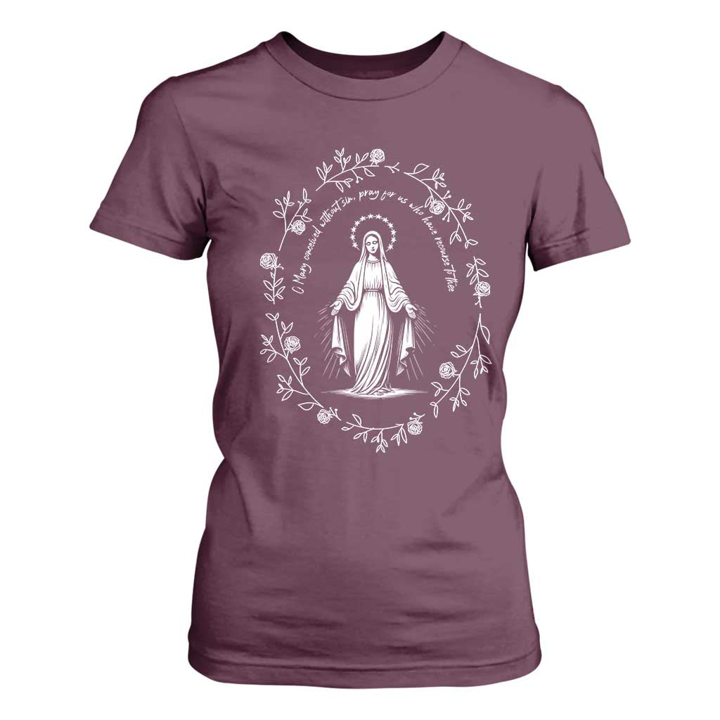 Marian Catholic T Shirt For Women Virgin Mary Floral Women Religious Catholic Gift TS10 Maroon Print Your Wear