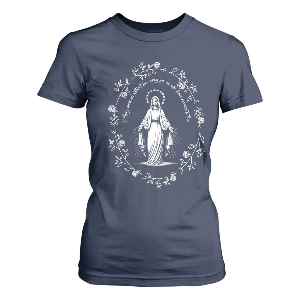 Marian Catholic T Shirt For Women Virgin Mary Floral Women Religious Catholic Gift TS10 Navy Print Your Wear