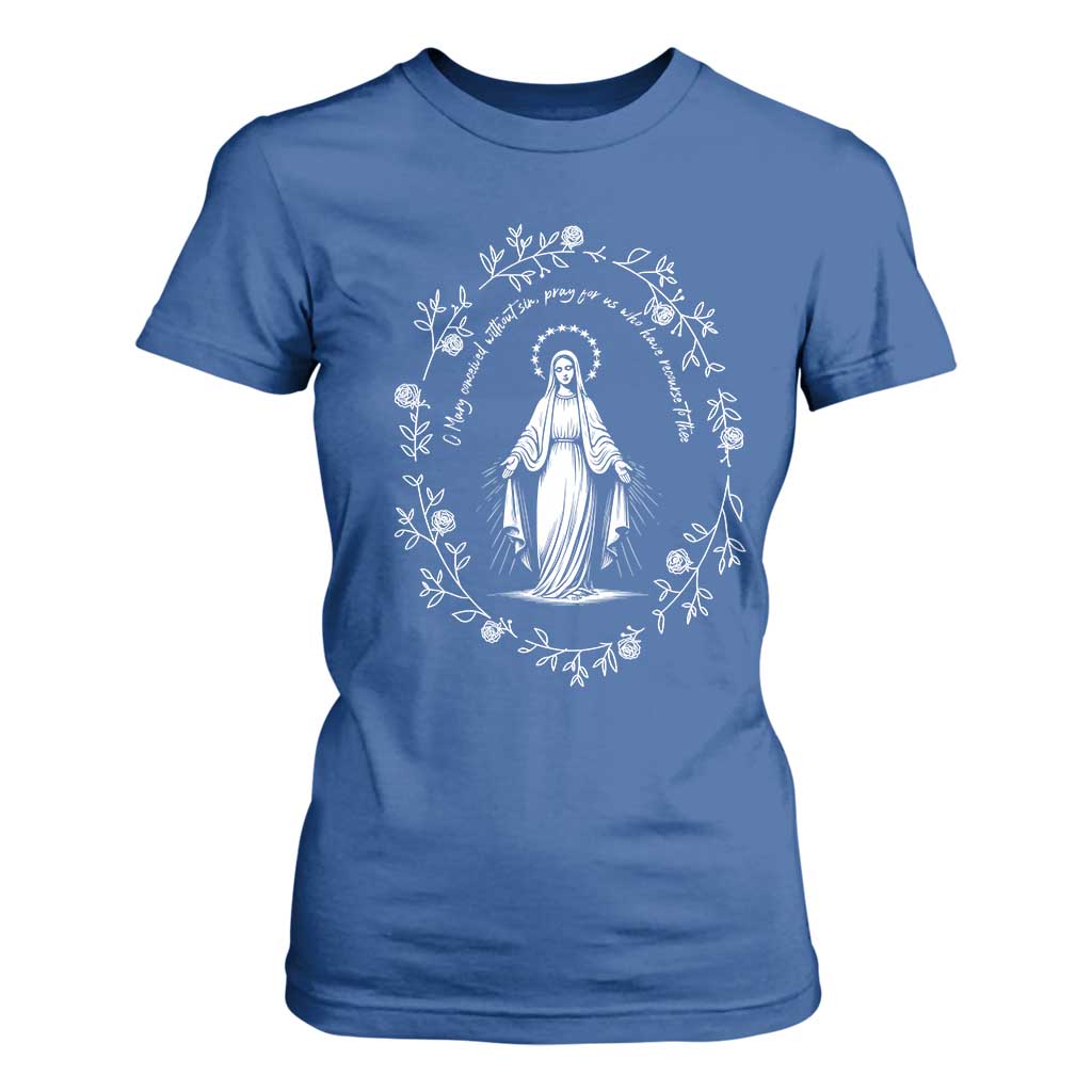 Marian Catholic T Shirt For Women Virgin Mary Floral Women Religious Catholic Gift TS10 Royal Blue Print Your Wear