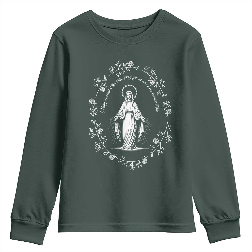 Marian Catholic Youth Sweatshirt Virgin Mary Floral Women Religious Catholic Gift TS10 Dark Forest Green Print Your Wear