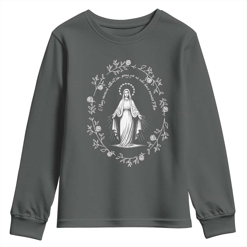 Marian Catholic Youth Sweatshirt Virgin Mary Floral Women Religious Catholic Gift TS10 Dark Heather Print Your Wear