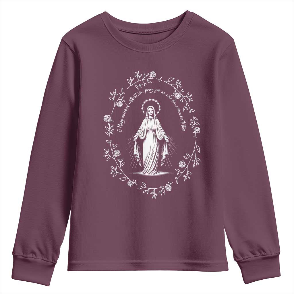 Marian Catholic Youth Sweatshirt Virgin Mary Floral Women Religious Catholic Gift TS10 Maroon Print Your Wear