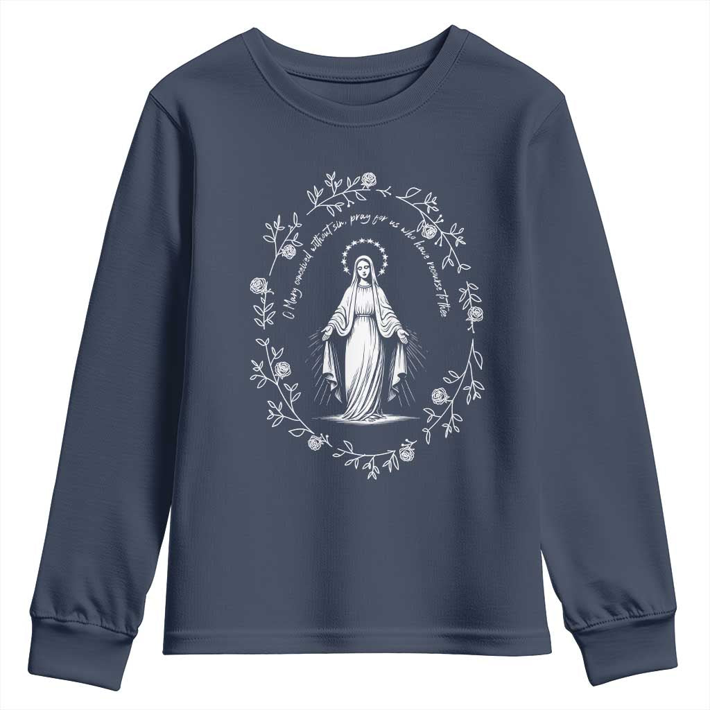 Marian Catholic Youth Sweatshirt Virgin Mary Floral Women Religious Catholic Gift TS10 Navy Print Your Wear